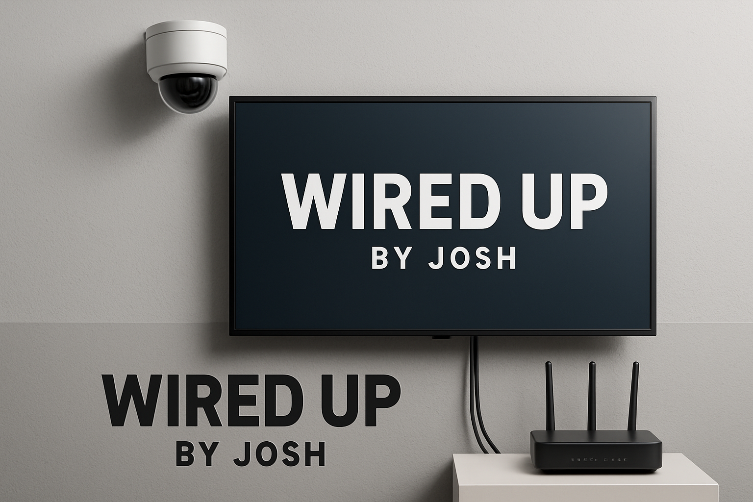 Security camera mounted TV and WiFi router representing Wired Up by Josh services