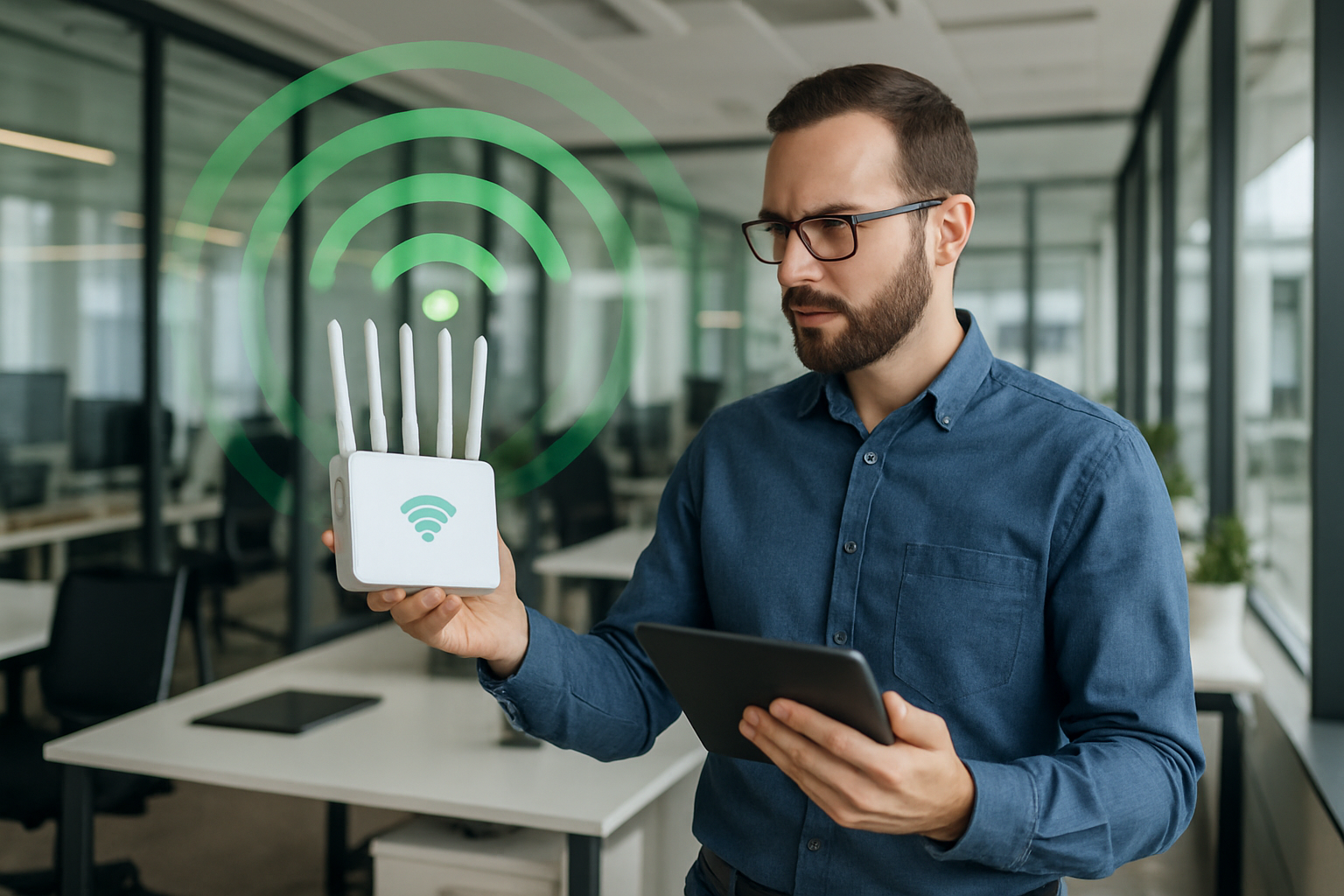 WiFi expert optimizing wireless network in a modern office